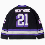 Rear view of the Wisdom Of Age Knit Hockey jersey Midnight. New York on the name plate with the number 21 underneath