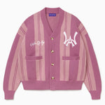 Pink striped cardigan with the WA logo on a white background