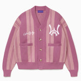 Pink striped cardigan with the WA logo on a white background