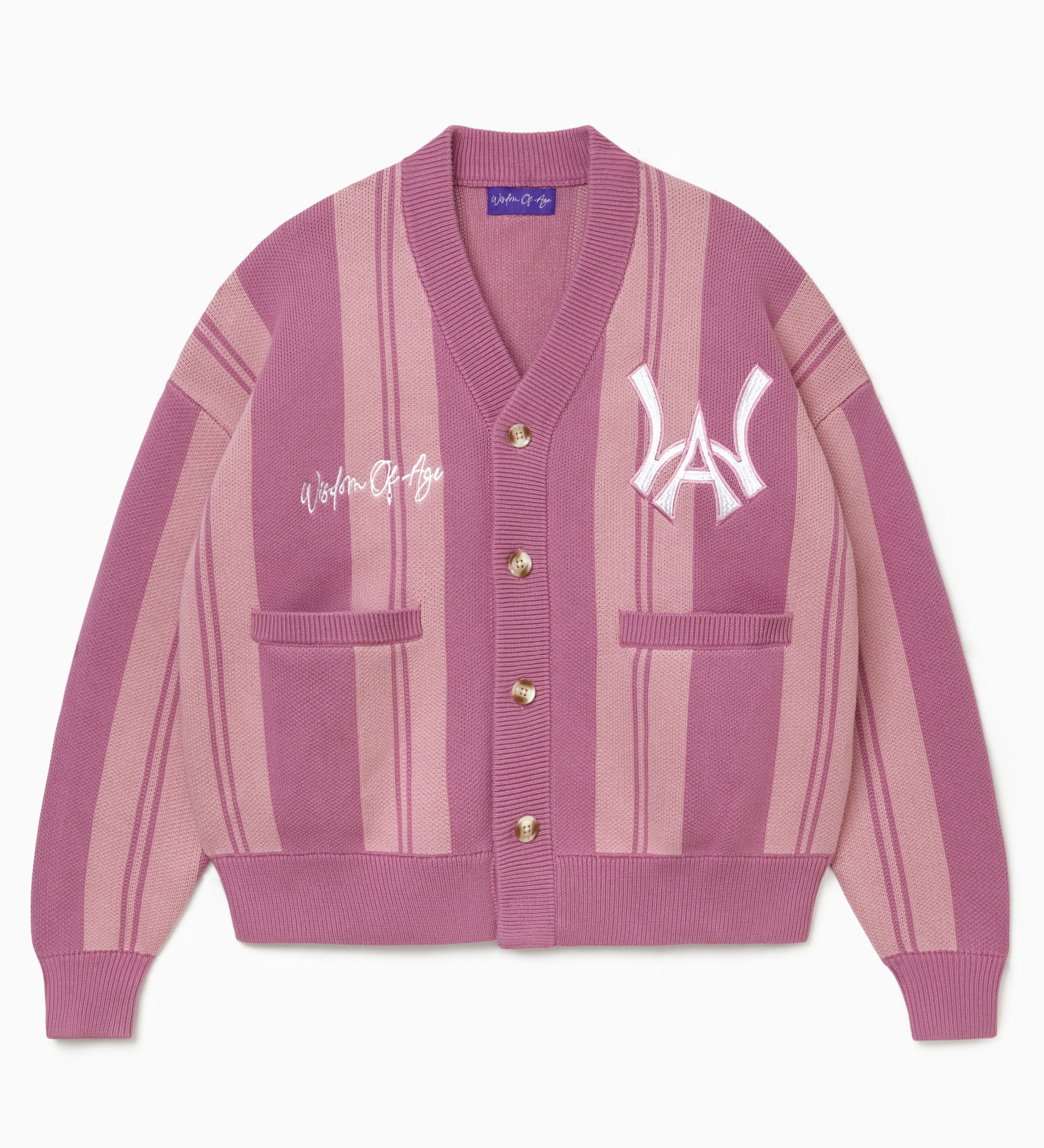 Pink striped cardigan with the WA logo on a white background