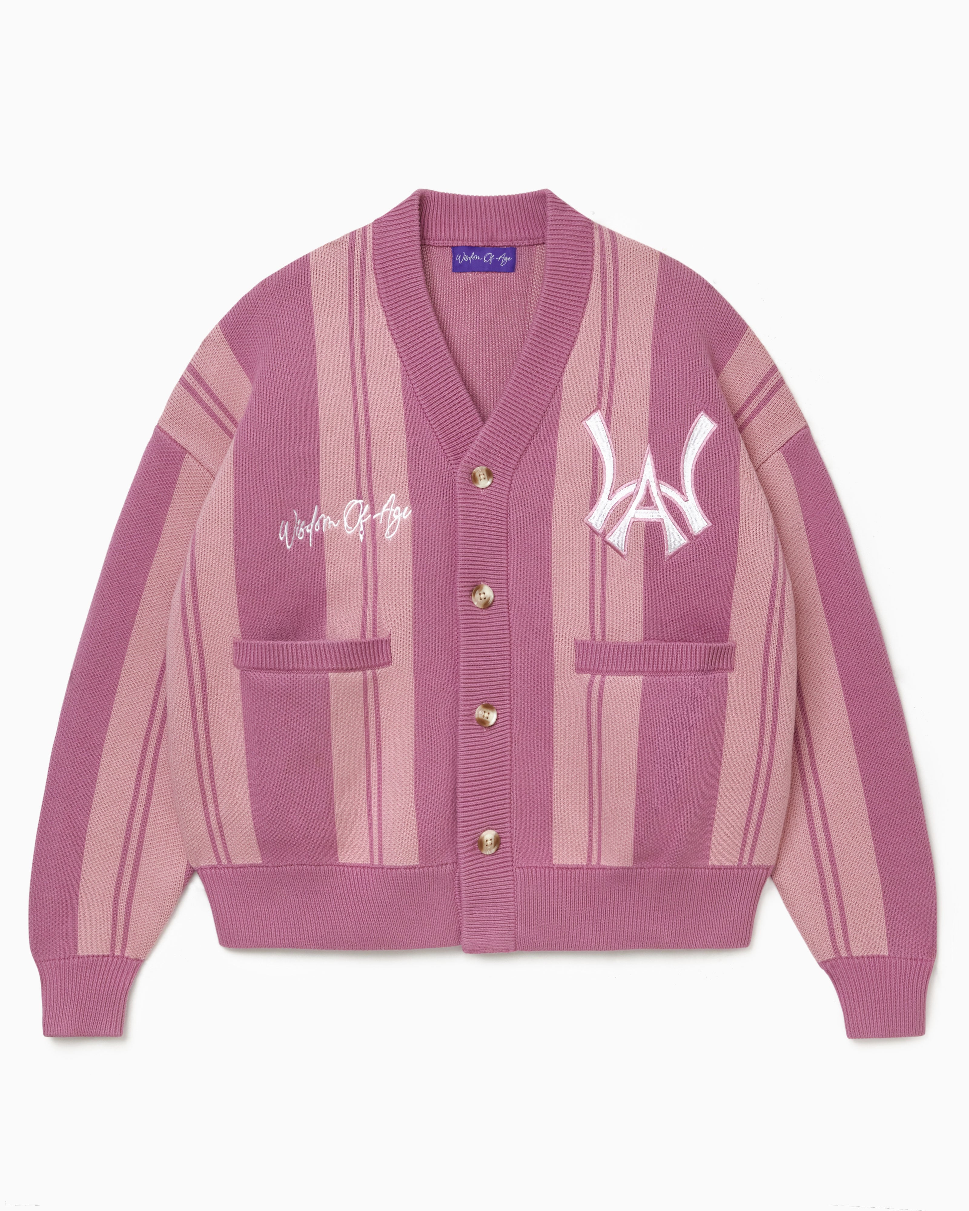 Pink striped cardigan with the WA logo on a white background