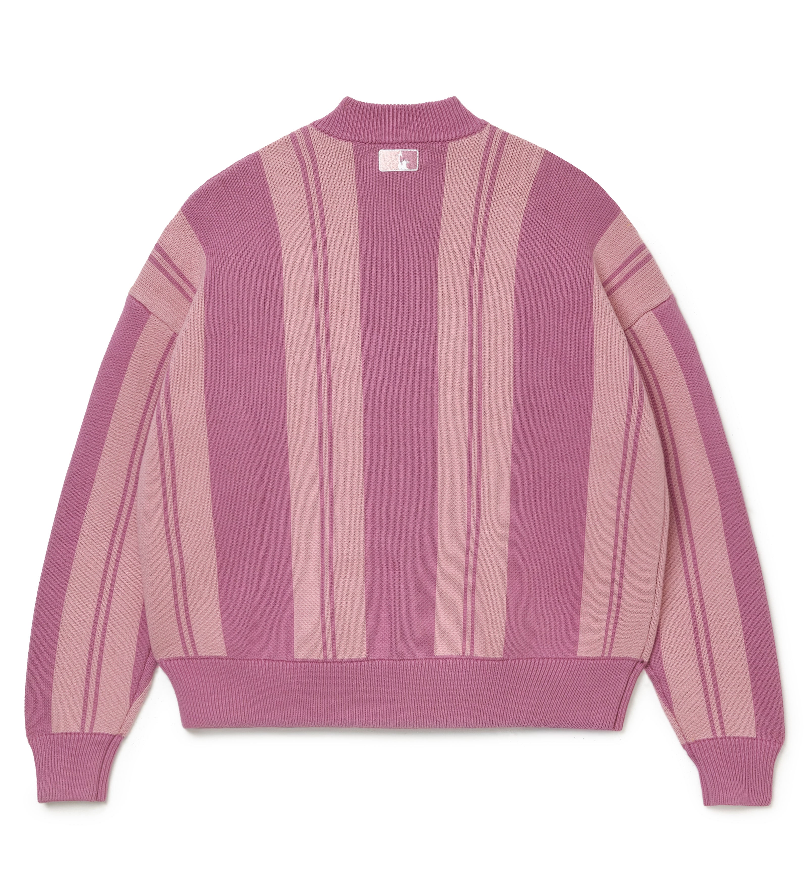 Pink striped sweater with the NY Tough logo on the neck on a white background