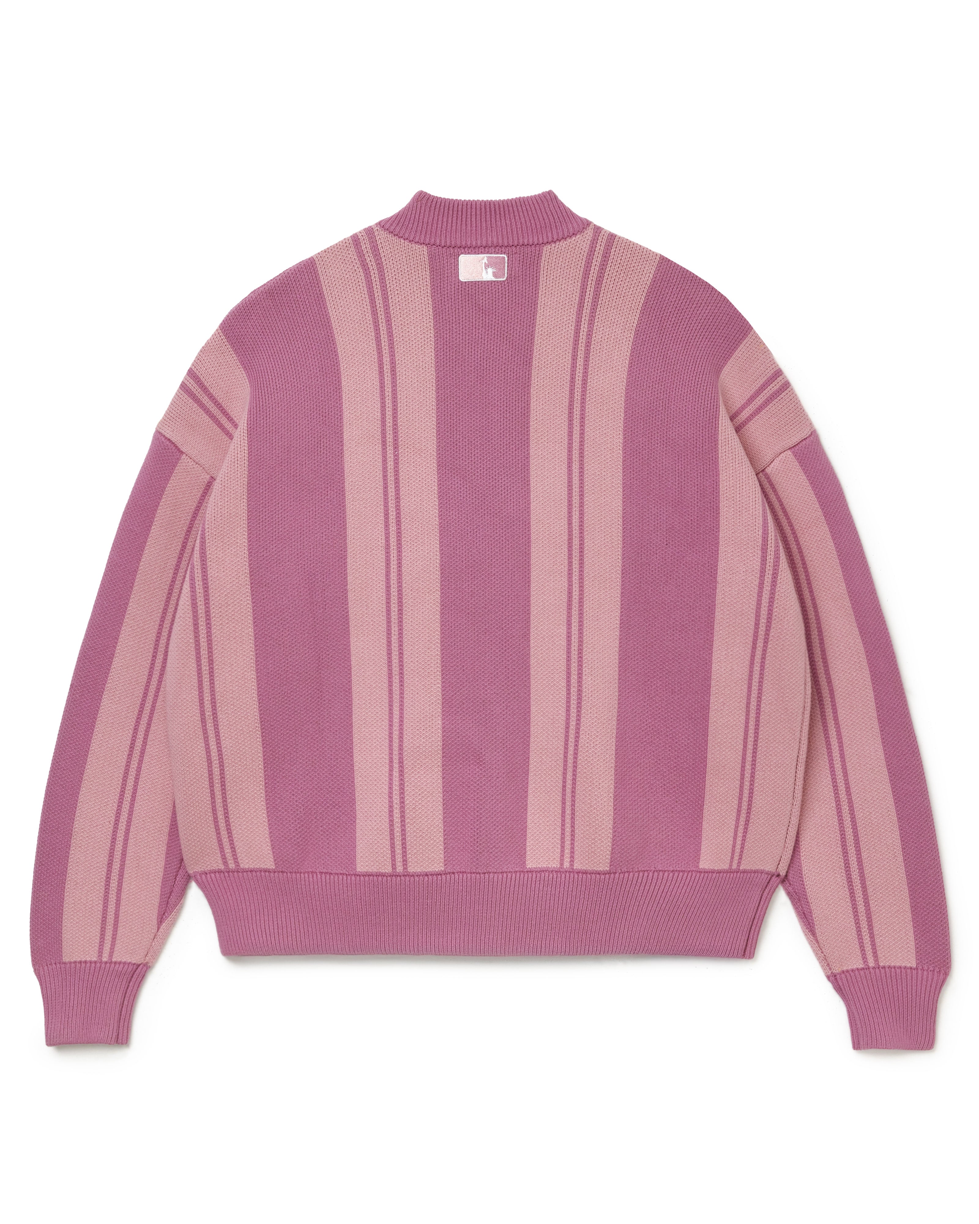 Pink striped sweater with the NY Tough logo on the neck on a white background