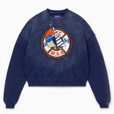 Navy blue sweatshirt with a colorful logo on a white background