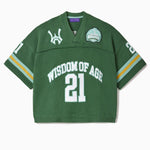 Sage Green Football jersey with 'Wisdom of Age' and number '21' on a white background
