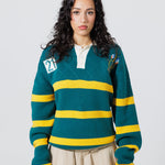 Front View Of A Female Model wearing The Wisdom Of Age Knit Rugby Sweater 