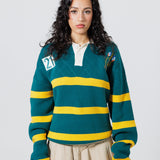 Front View Of A Female Model wearing The Wisdom Of Age Knit Rugby Sweater 