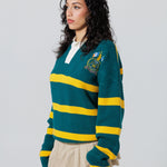 Front Side View Of A Female Model wearing The Wisdom Of Age Knit Rugby Sweater.
