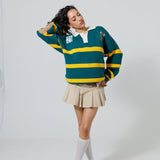 Full Body Front View Of A Female Model wearing The Wisdom Of Age Knit Rugby Sweater 