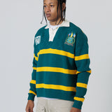 Front Side View Of A Male Model wearing The Wisdom Of Age Knit Rugby Sweater.