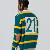 Rear View Of A Male Model wearing The Wisdom Of Age Knit Rugby Sweater.