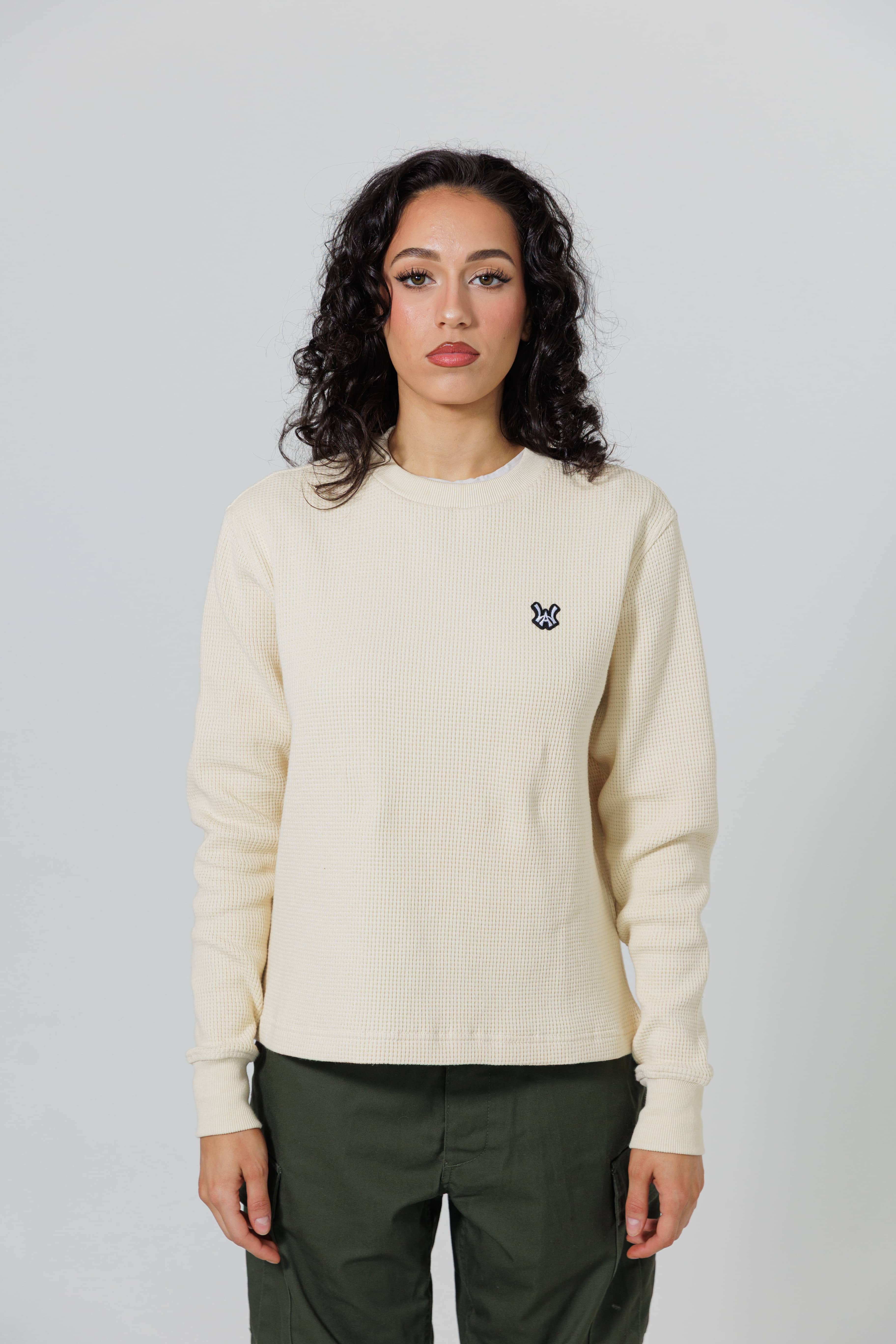 Front view of Female Model Wearing Cream Wisdom Of Age knit thermal