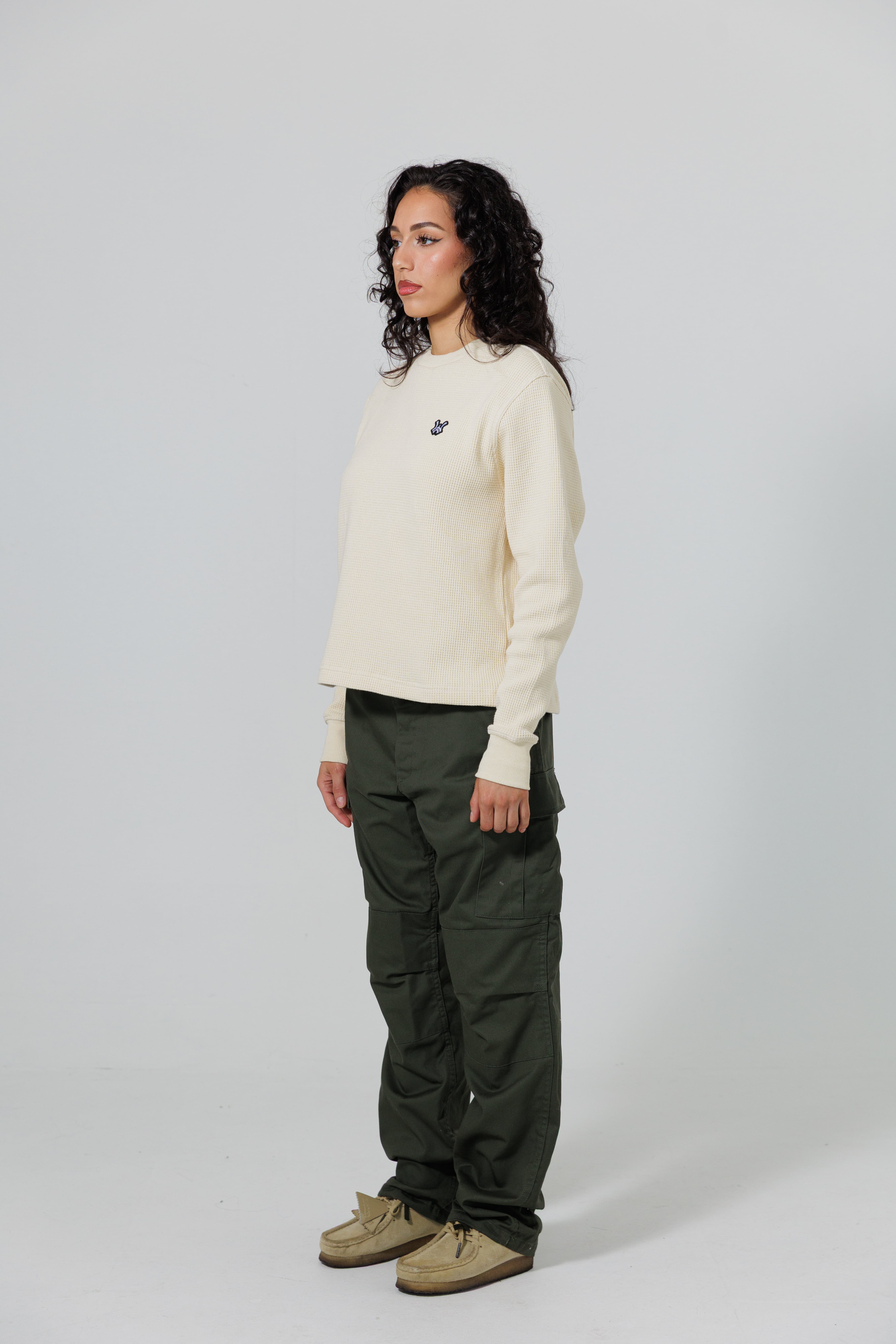 Female Model Wearing Cream Wisdom Of Age knit thermal