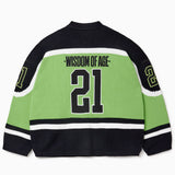 Rear view of the Wisdom Of Age Knit Hockey jersey Neon. Wisdom Of Age on the name plate with the number 21 in yellow underneath