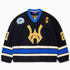 Front view of the Wisdom Of Age Knit Hockey jersey Black. Yellow WA logo on the front with and captains C on the left shoulder and a nyc skyline patch on the right shoulder. the number 21 on the sleeves