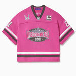 Pink knitted football  jersey with Wisdom Of Age skyline, WA logos anda captains patch.