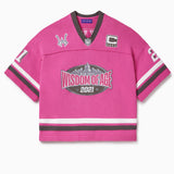 Pink knitted football  jersey with Wisdom Of Age skyline, WA logos anda captains patch.