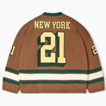 Rear view of the Wisdom Of Age Knit Hockey jersey Autumn. New York on the name plate with the number 21 underneath