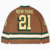 Rear view of the Wisdom Of Age Knit Hockey jersey Autumn. New York on the name plate with the number 21 underneath