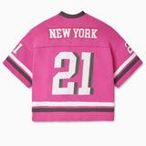 Pink knitted football jersey with 'New York' and number '21' on a white background