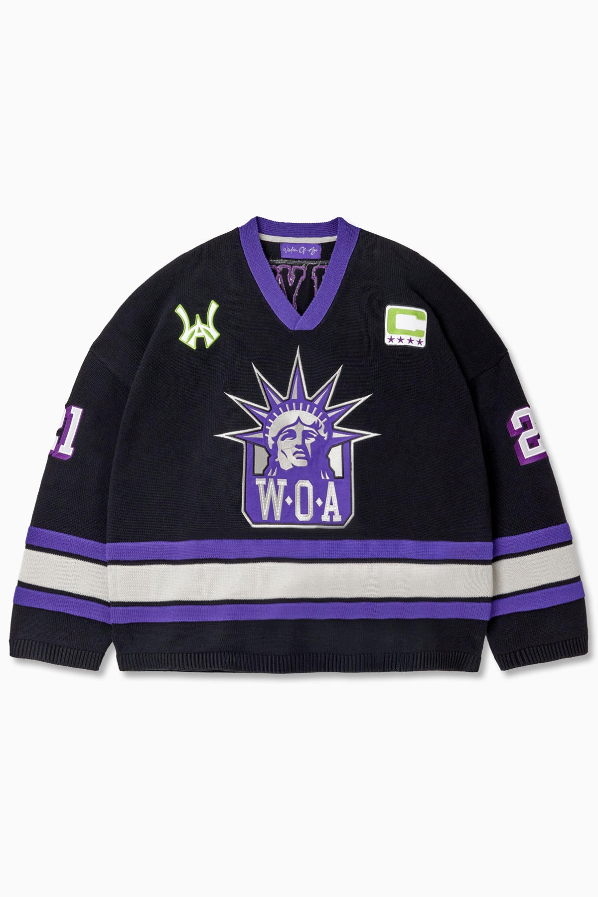Front view of the Wisdom Of Age Knit Hockey jersey Midnight. WOA Liberty logo on the front with  and captains C on the left shoulder and a WA patch on the right shoulder. the number 21 on the sleeves