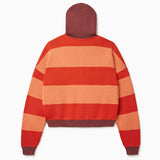 Rear View Of the Wisdom Of Age Knit Zippered Hoodie. There are alternating horizontal orange stripes. One stripe is a darker shade of Orange. 