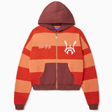 Front View Of the Wisdom Of Age Knit Zippered Hoodie. There are alternating horizontal orange stripes. One stripe is a darker shade of Orange. WA logo on left chest, Wisdom Of Age written in the signature font on the right chest. Kangaroo pockets separated by the zipper.