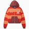 Front View Of the Wisdom Of Age Knit Zippered Hoodie. There are alternating horizontal orange stripes. One stripe is a darker shade of Orange. WA logo on left chest, Wisdom Of Age written in the signature font on the right chest. Kangaroo pockets separated by the zipper.