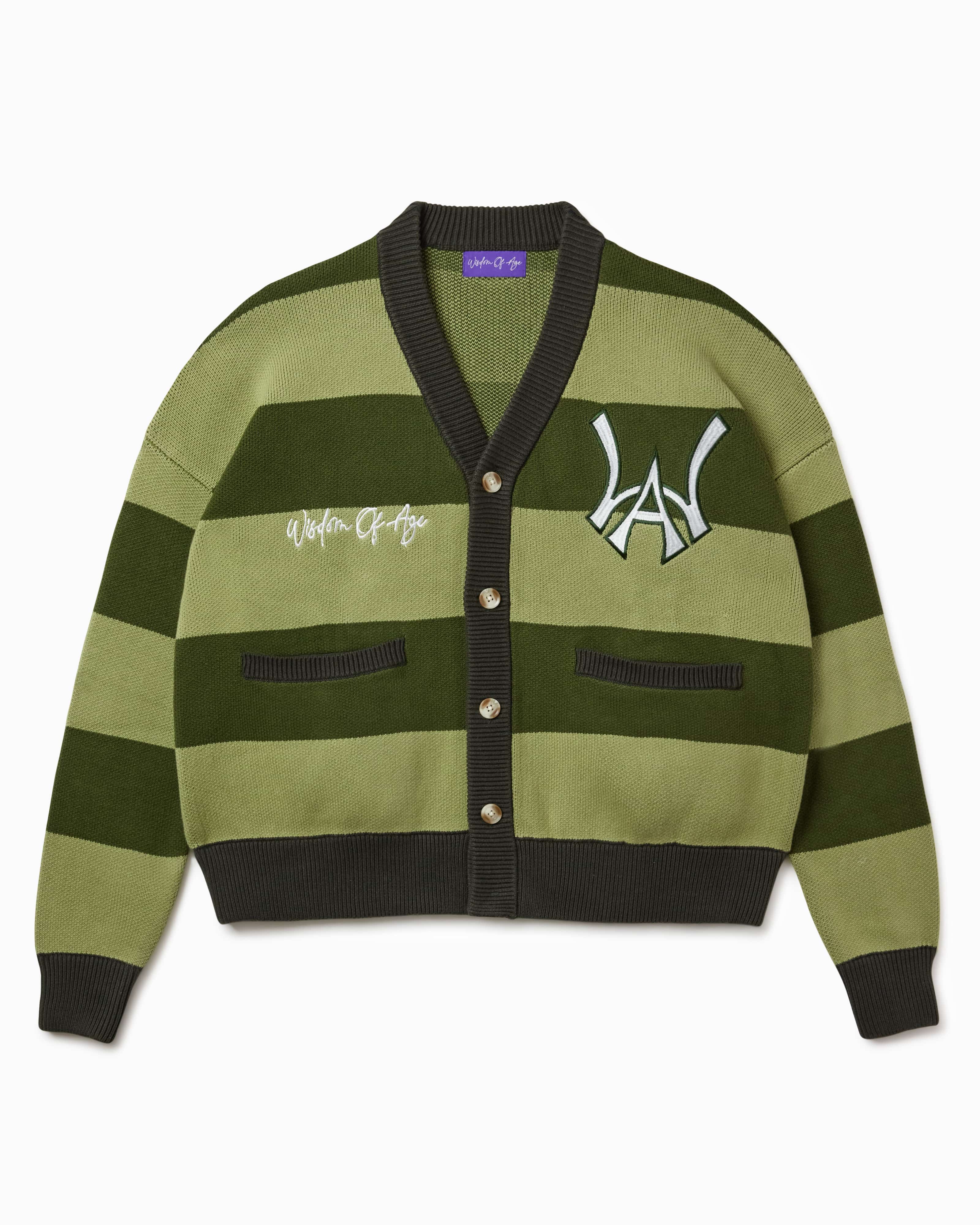 Wisdom of age 2024 olive green striped cardigan front