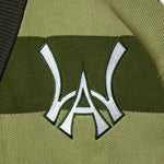 Wisdom of age 2024 olive green striped cardigan front logo