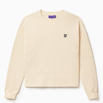 Front view of the Wisdom Of Age knit thermal shirt in cream. WA logo embroidered on the left chest.