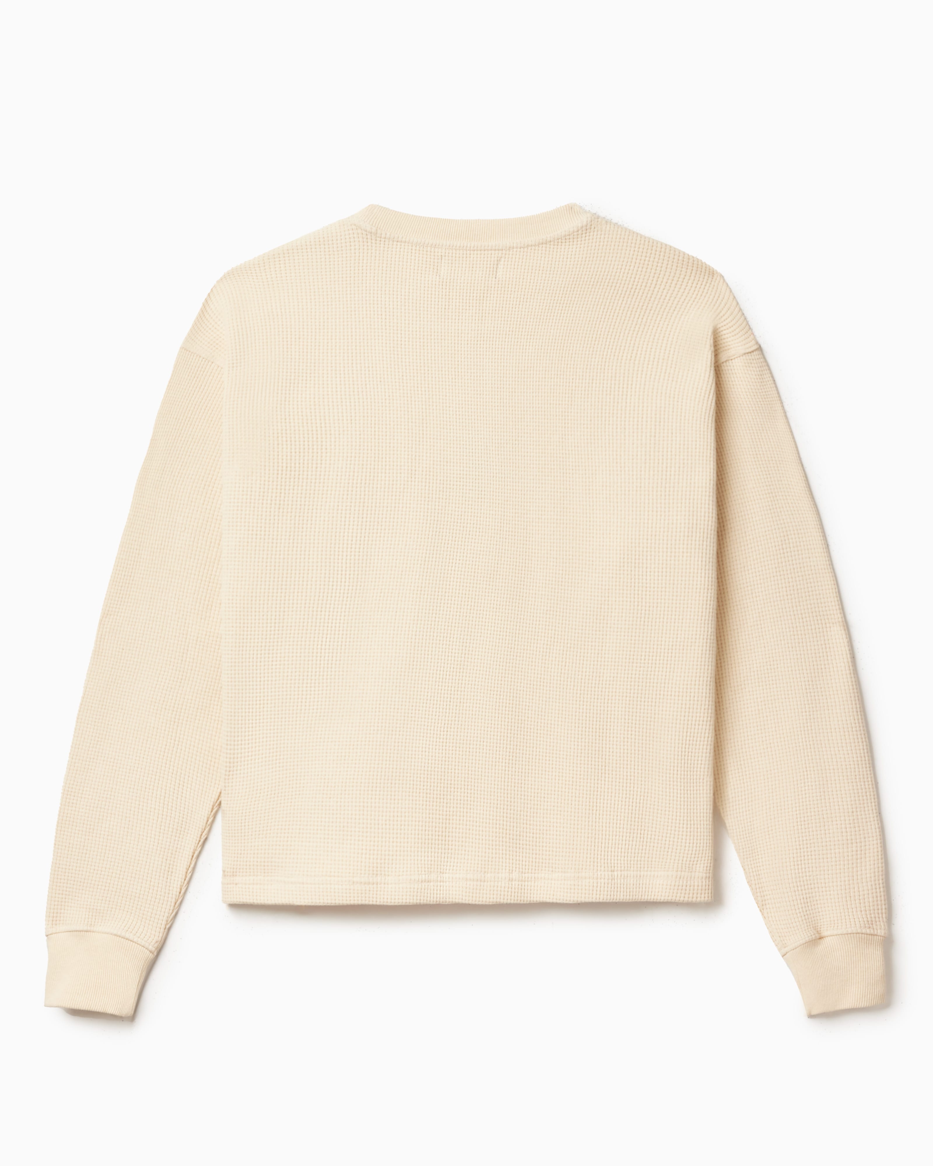 Rear view of the Wisdom Of Age knit thermal shirt in cream.