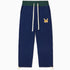 The Wisdom Of Age Knit Clinton Sweatpants Navy Front View. Embroidered Yellow WA logo with a white outline on the left mid-hip. Off-White drawstrings on a dark green waistband