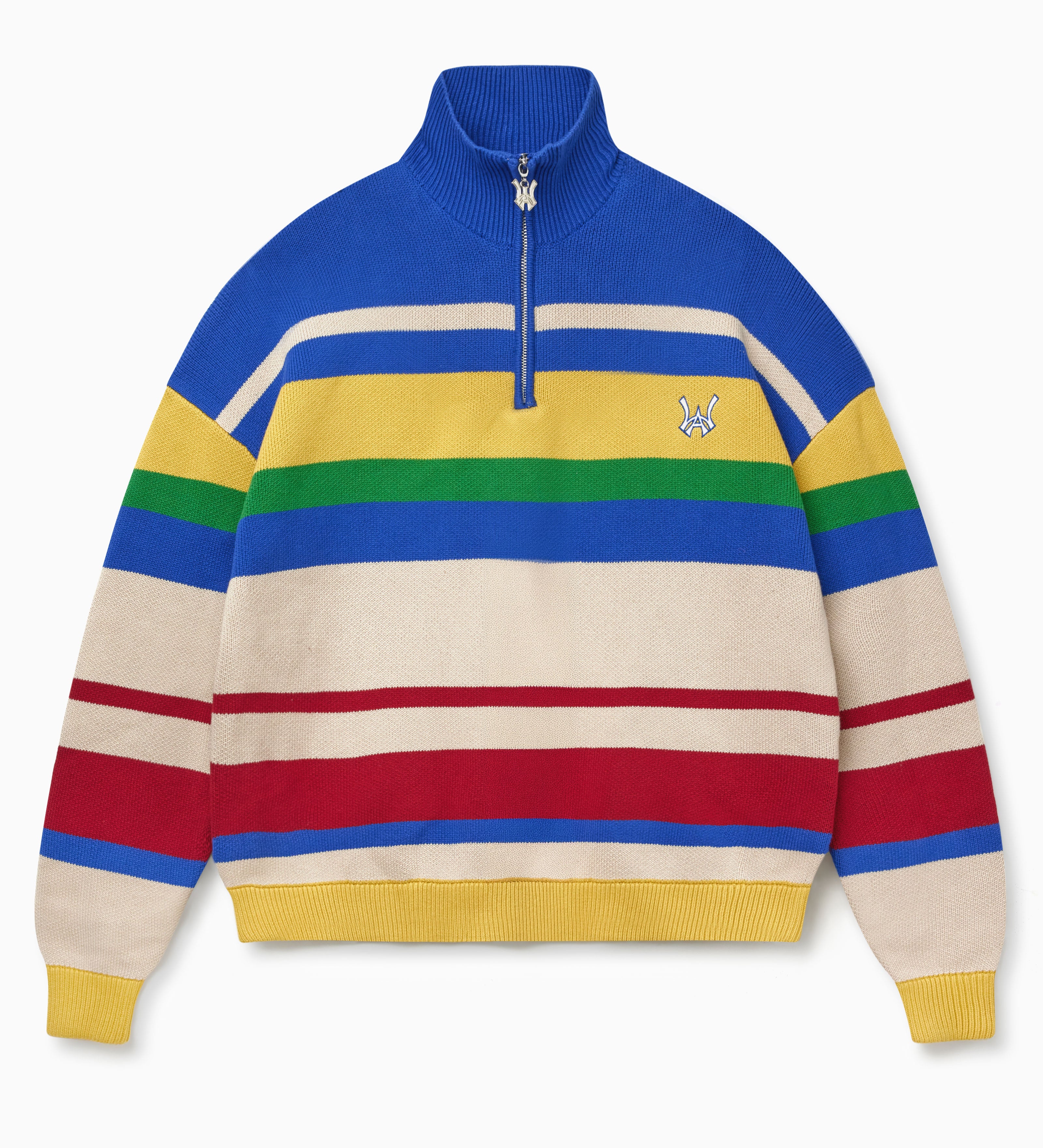 Colorful striped sweater with a WA logo on a white background