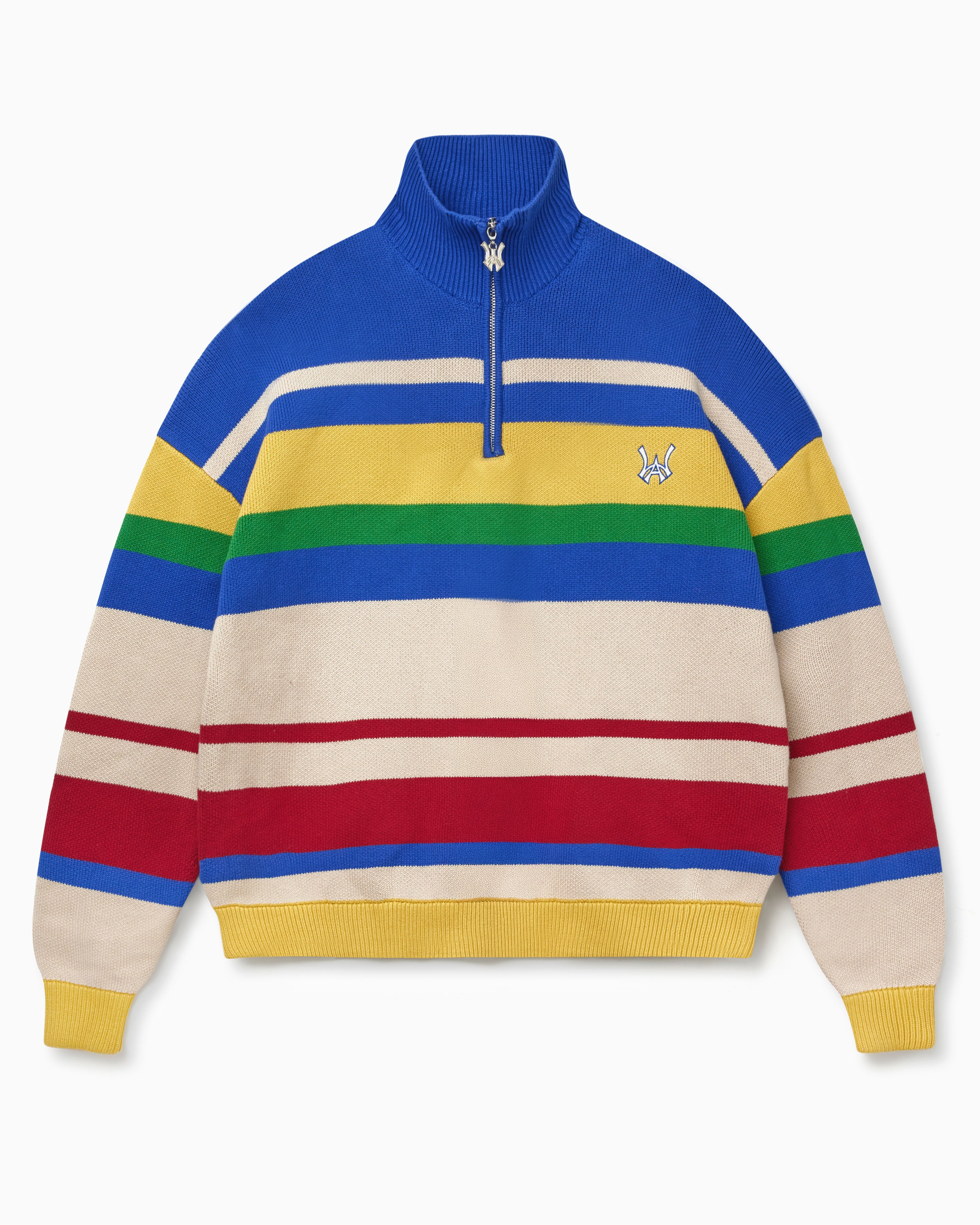 Colorful striped sweater with a WA logo on a white background