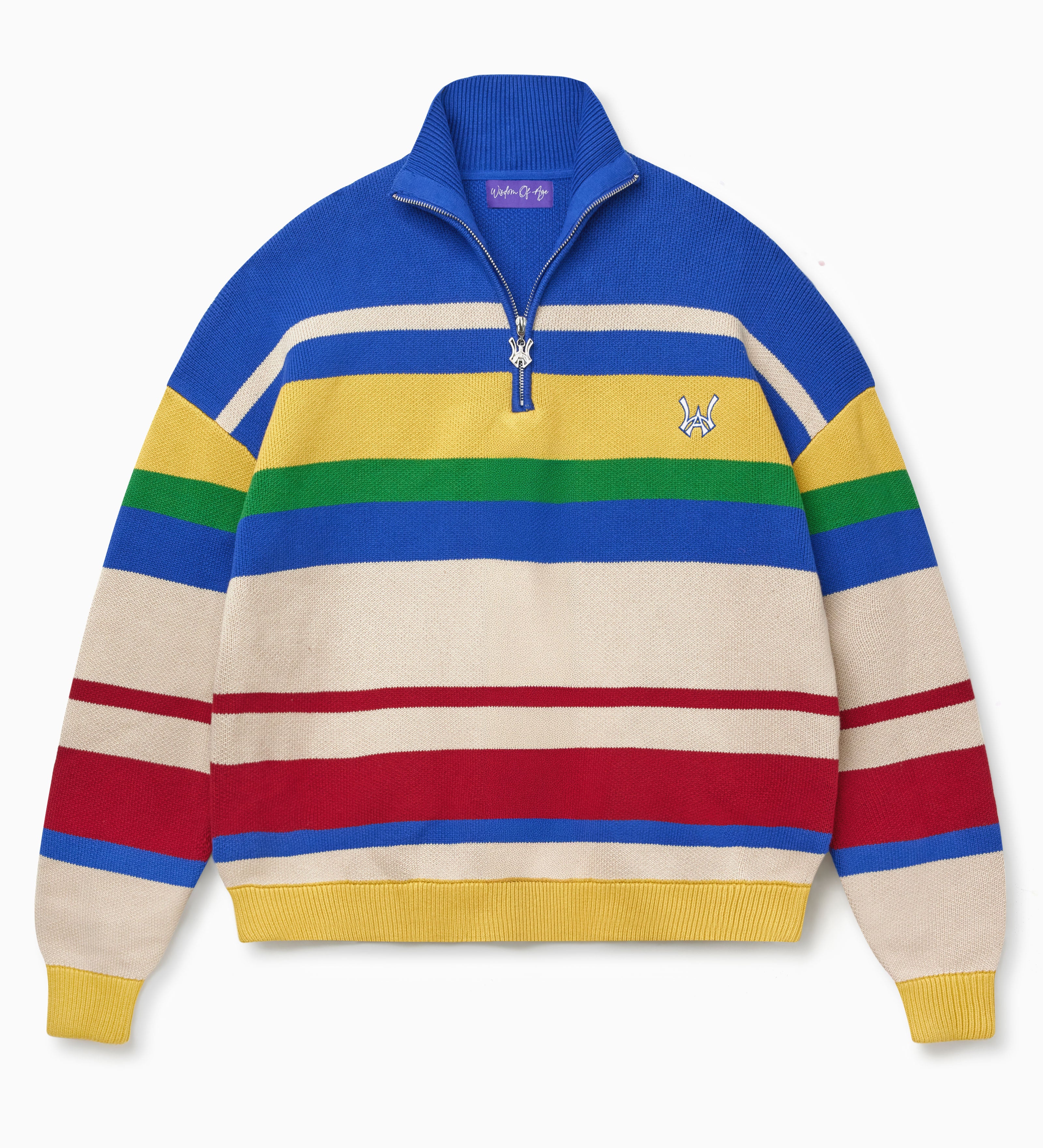 Colorful striped sweater with the WA logo on a white background