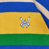 Close-up of a multicolored fabric with the WA logo in the center