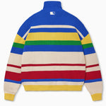 Colorful striped sweater with a NY Tough on the neck against a white background