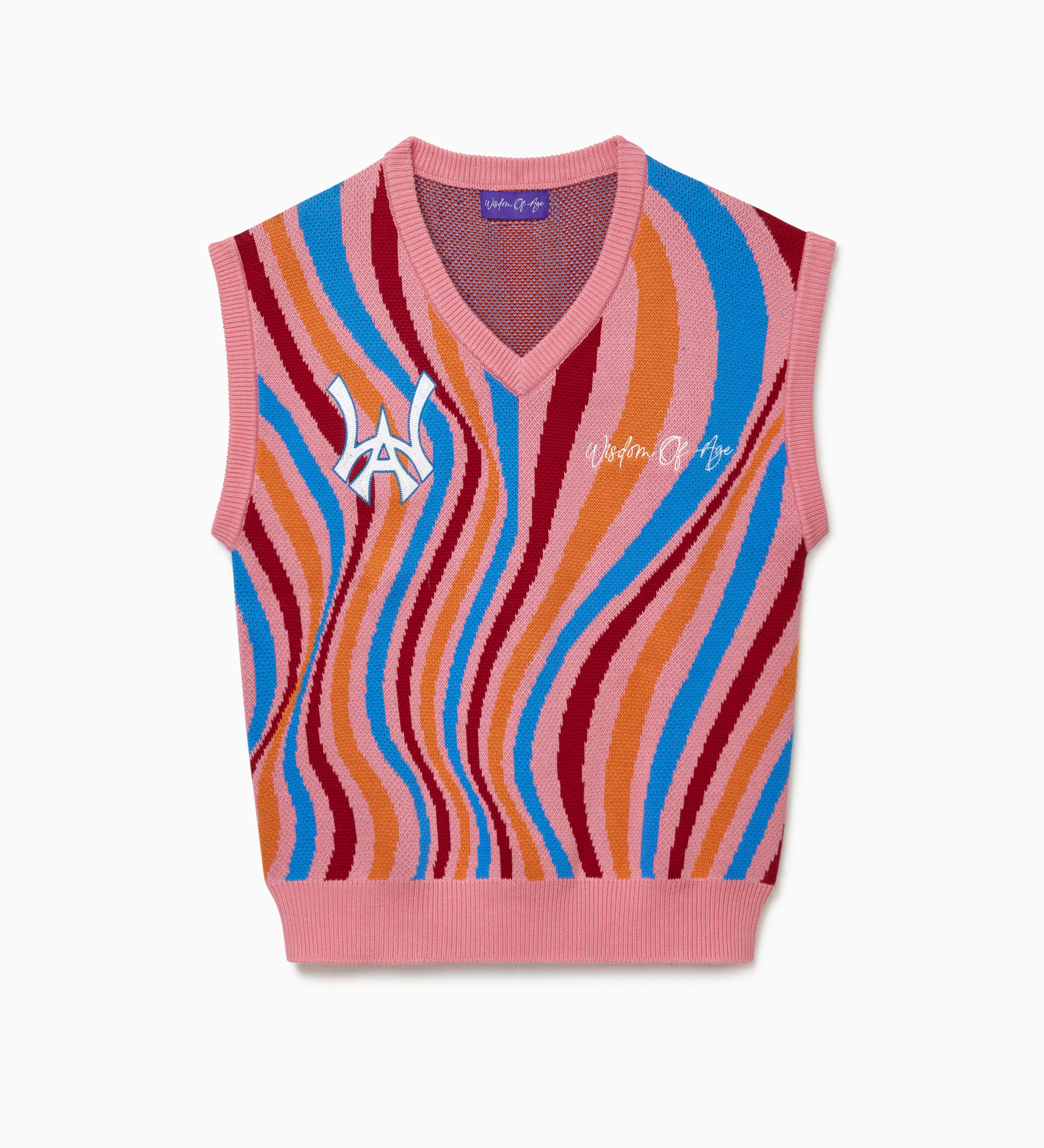 Colorful striped sweater vest with the WA logo and Wisdom Of Age embroidered on a white background