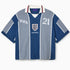 Wisdom Of Age Knit Soccer Jersey Grey Stripe. Blue and gray striped shirt with 'WOA' and number '21' on a white background