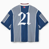 Rear Of the Wisdom Of Age Knit Soccer Jersey Grey Stripe. Blue and grey striped knitted soccer jersey with the number 21 embroidered on the back.
