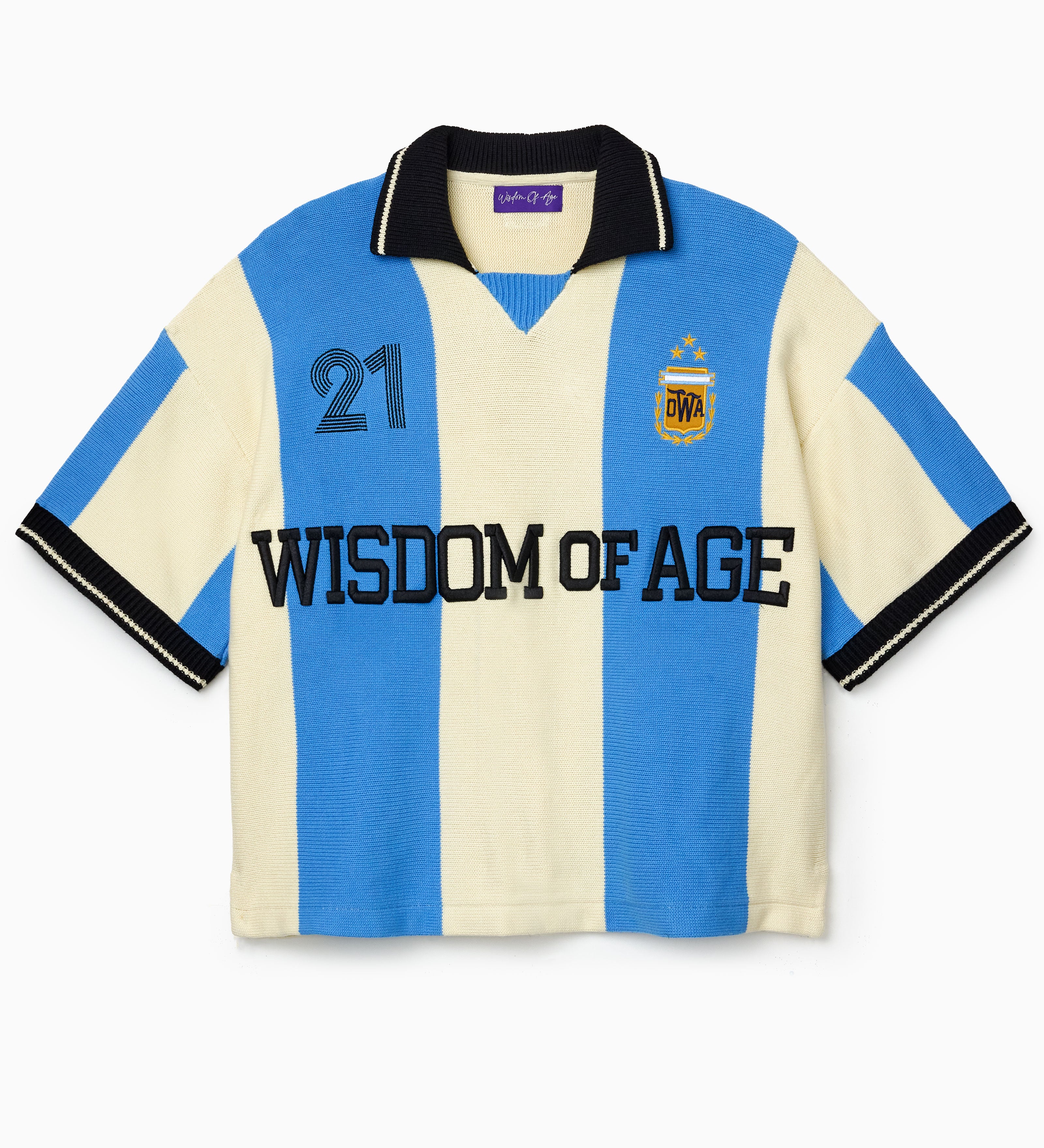 Wisdom Of Age Knit Soccer Jersey Celeste. Blue and beige striped Knitted Soccer Jersey with 'Wisdom of Age' text on a white background