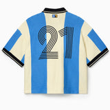 Wisdom Of Age Knit Soccer Jersey Celeste. Striped Knitted Soccer Jersey with number 21 on a white background