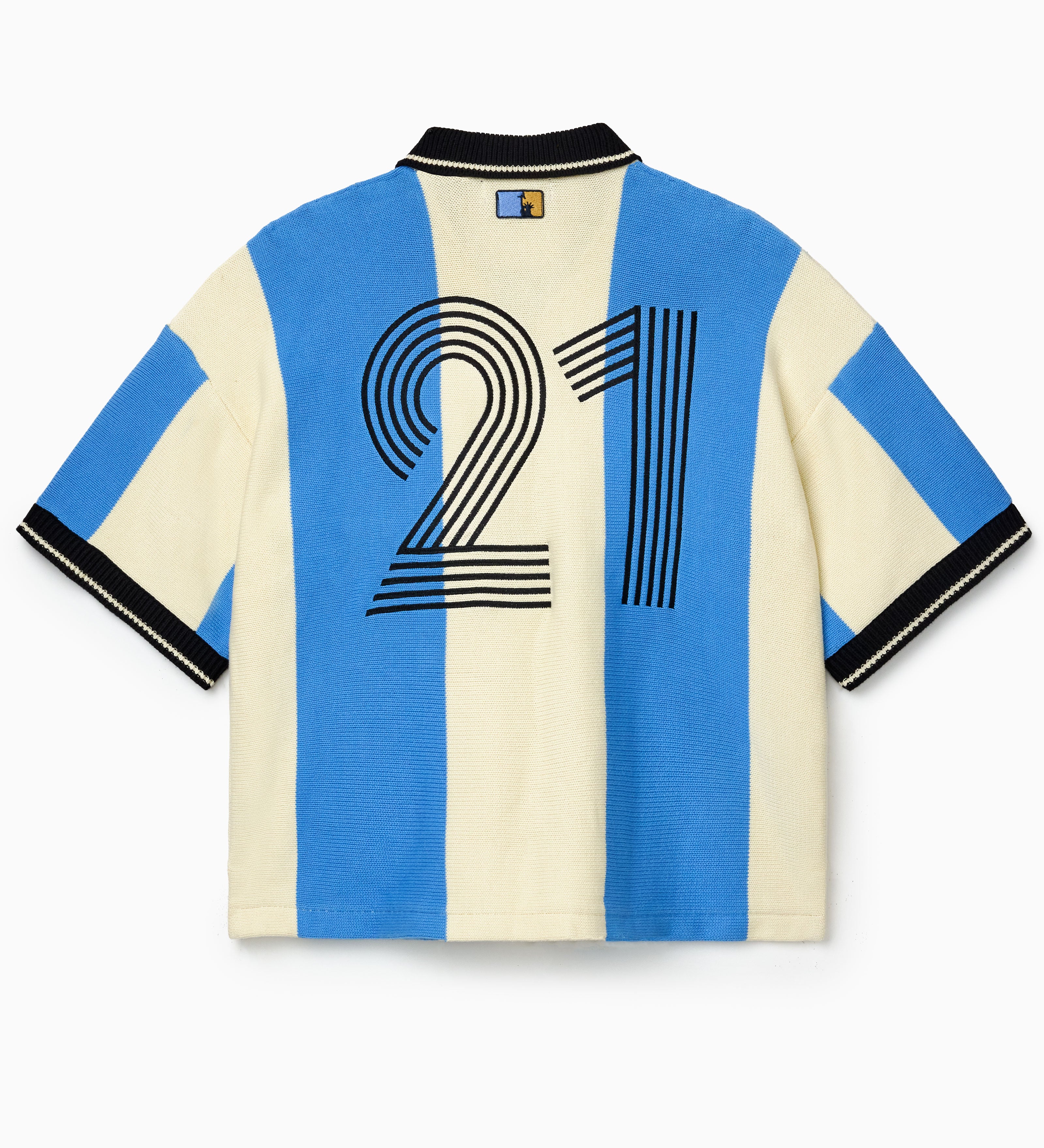 Wisdom Of Age Knit Soccer Jersey Celeste. Striped Knitted Soccer Jersey with number 21 on a white background