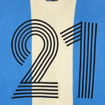 Knitted Soccer Jersey with number 21 design on a blue and beige background