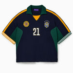 Wisdom Of Age Knit Soccer Jersey Rio. Black Knitted Soccer jersey with yellow accents and a logo on a white background