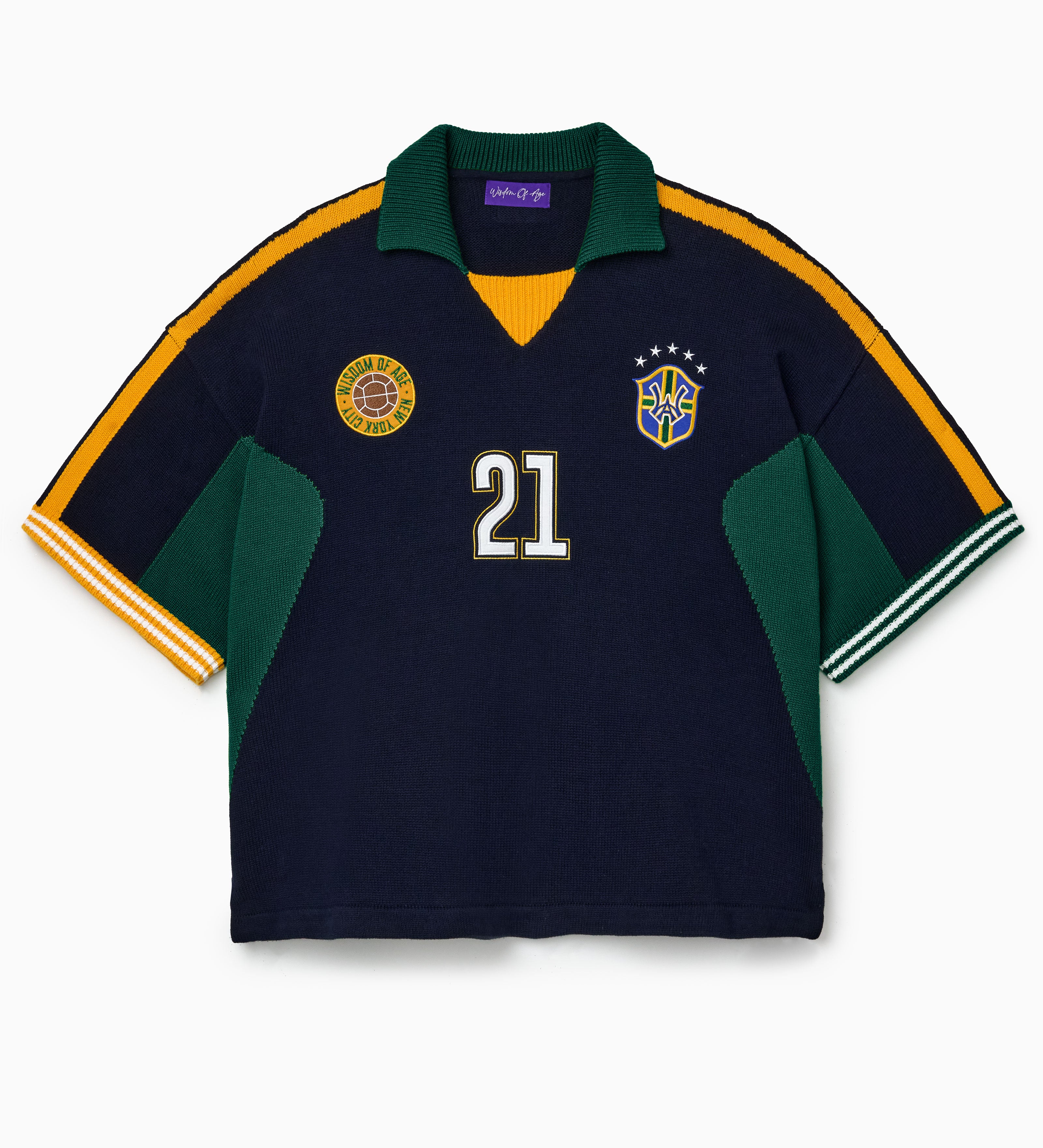 Wisdom Of Age Knit Soccer Jersey Rio. Black Knitted Soccer jersey with yellow accents and a logo on a white background