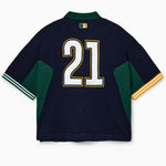 rear of the Wisdom Of Age Knit Soccer Jersey Rio. Black Knitted Soccer jersey with yellow accents and a 21 on a white background