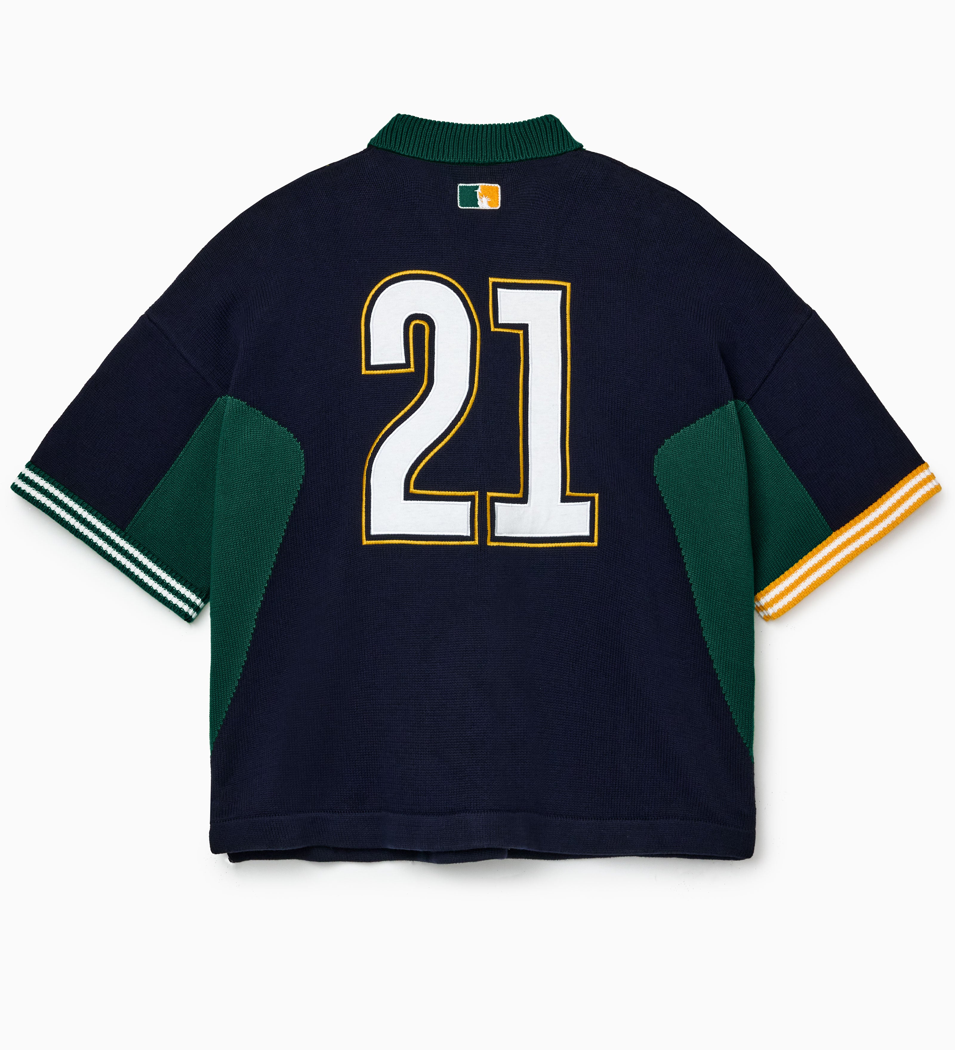 rear of the Wisdom Of Age Knit Soccer Jersey Rio. Black Knitted Soccer jersey with yellow accents and a 21 on a white background