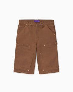 WOA Canvas Carpenter Shorts in Brick with WOA brand label on a white background